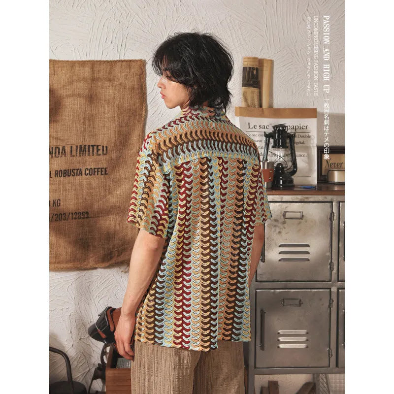 Japanese style Cuban collar short sleeve shirt in grey or red hollow jacquard polyester
