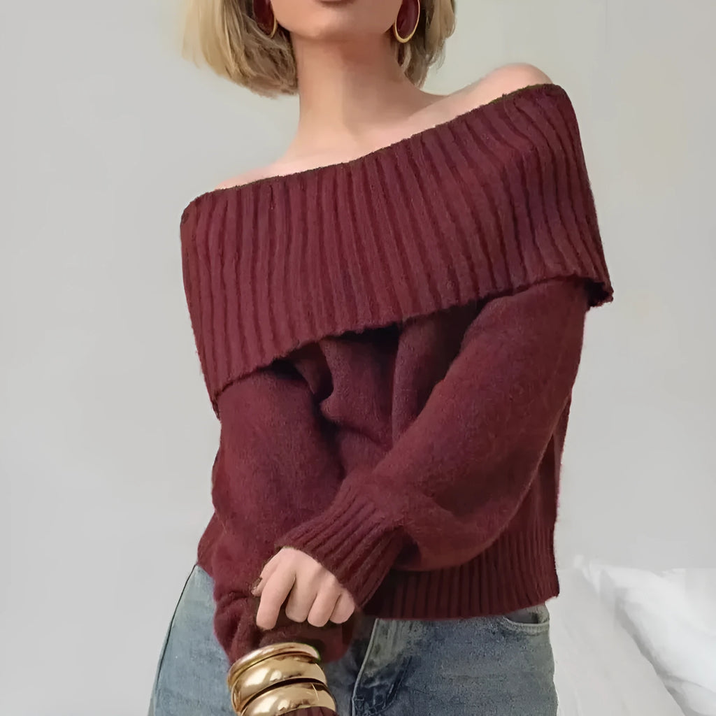 Grey off-the-shoulder strapless pullover sweater with a 3D pattern texture.