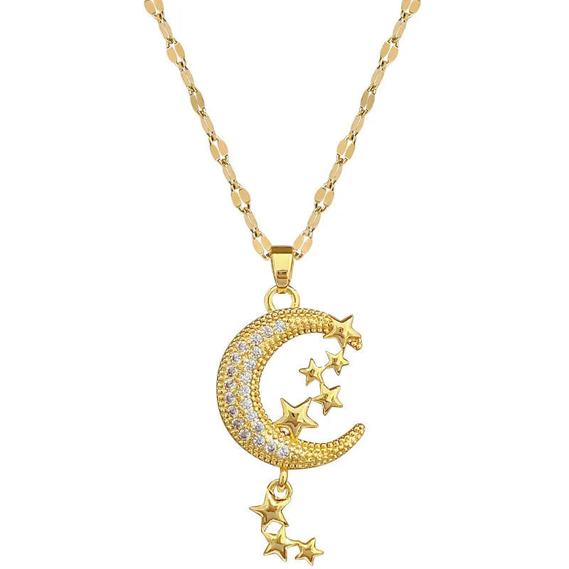 Geometric moon pendant necklace with diamond accents on stainless steel chain, copper pendant with tassel styling