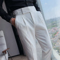 Men's straight-leg polyester trousers in solid colours with waist size range 29-36