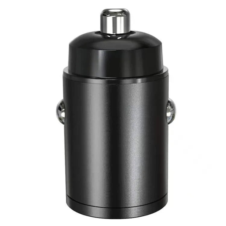 Black mini car charger with dual USB-C ports for 30W fast charging in vehicle power socket