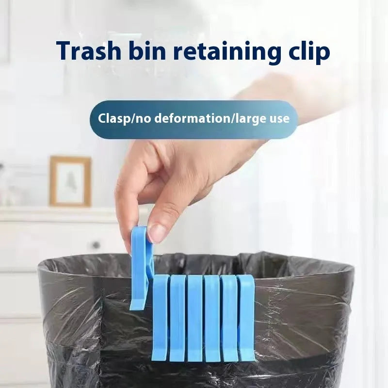 White PP plastic garbage bag fixing clip shown holding a black bin liner to the rim of a silver trash can.