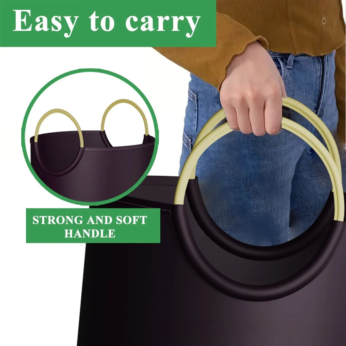 Portable round plastic rubbish bin with 38cm diameter and 72cm height dimensions