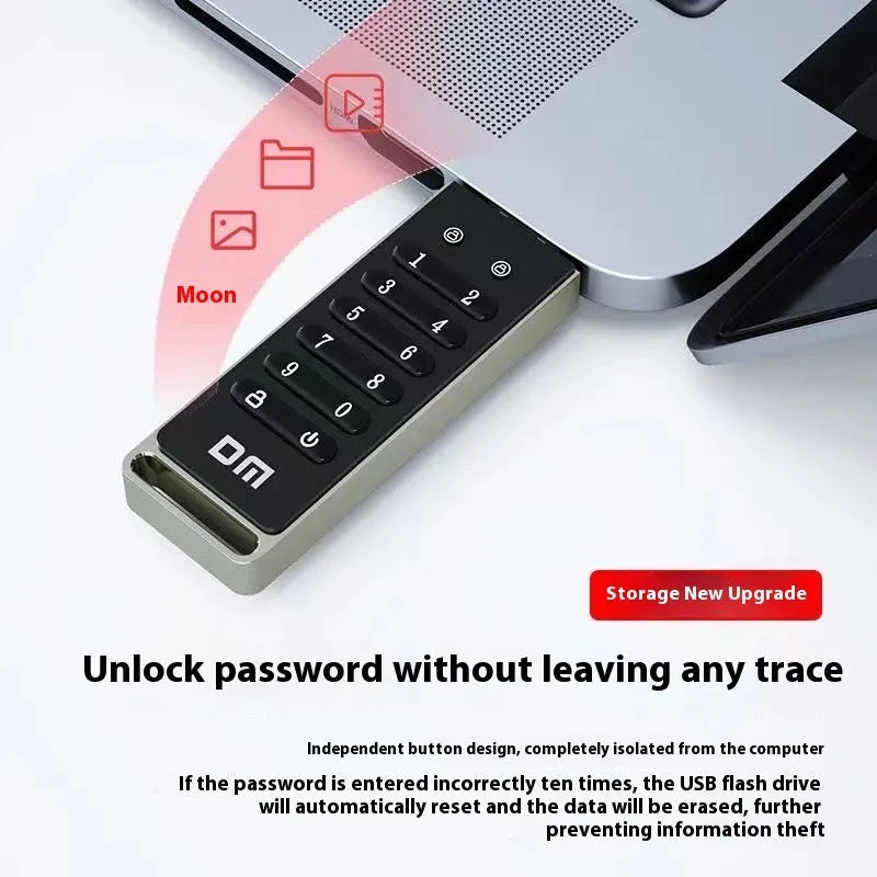 Fingerprint encrypted USB 3.0 flash drive with metal casing showing biometric sensor and 64GB capacity