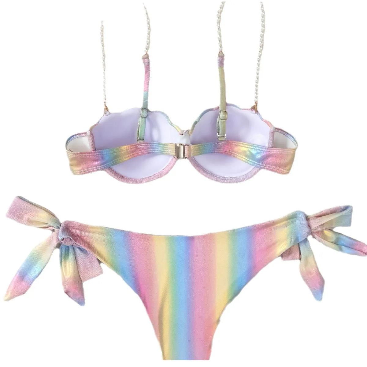 Rainbow coloured women's bikini swimsuit with split tied design on a mannequin