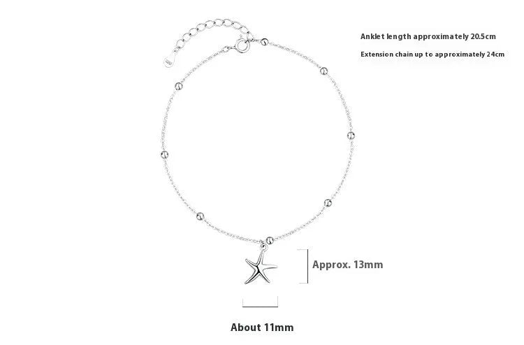 Women's S925 sterling silver anklet with starfish charm and round bead chain.
