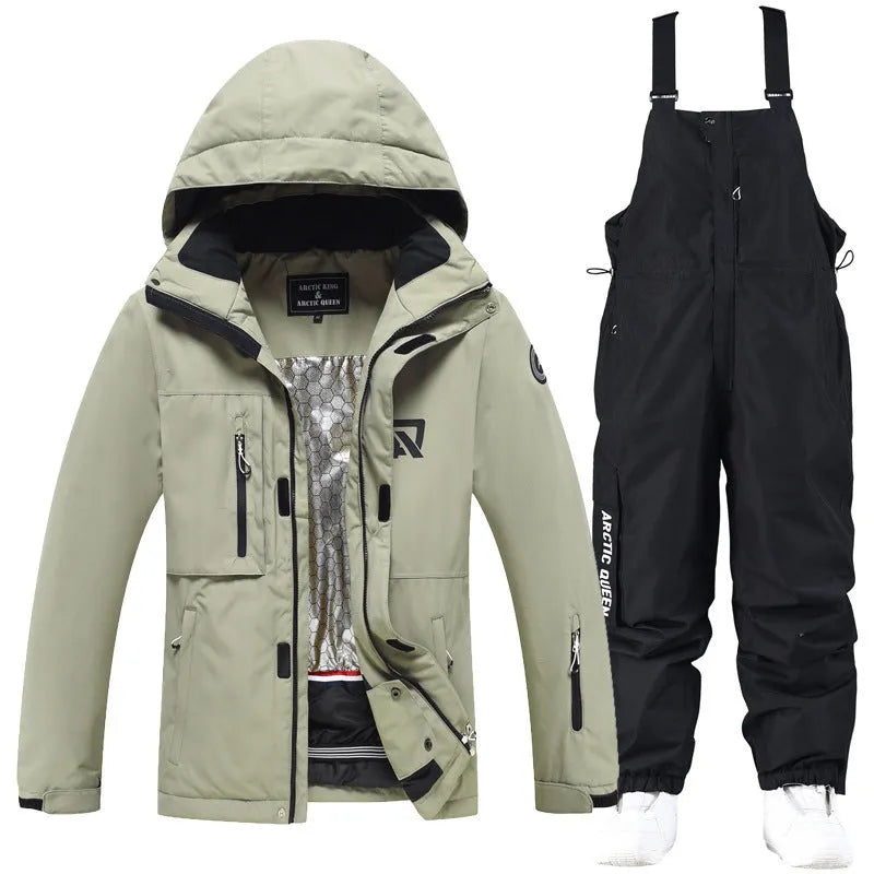 Men's and women's waterproof ski suit in blue with black trousers for winter snow sports