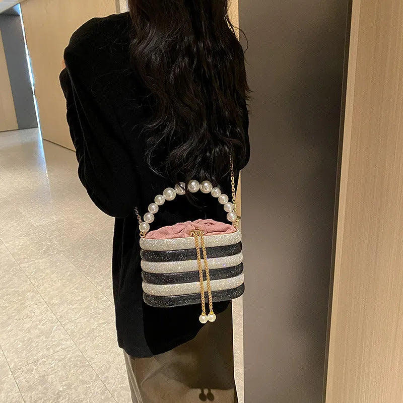 Round retro women's crossbody bag with beaded decoration in soft PU leather