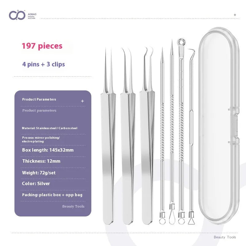 Four silver metal acne needles with ultra-fine pointed tips for blackhead extraction.
