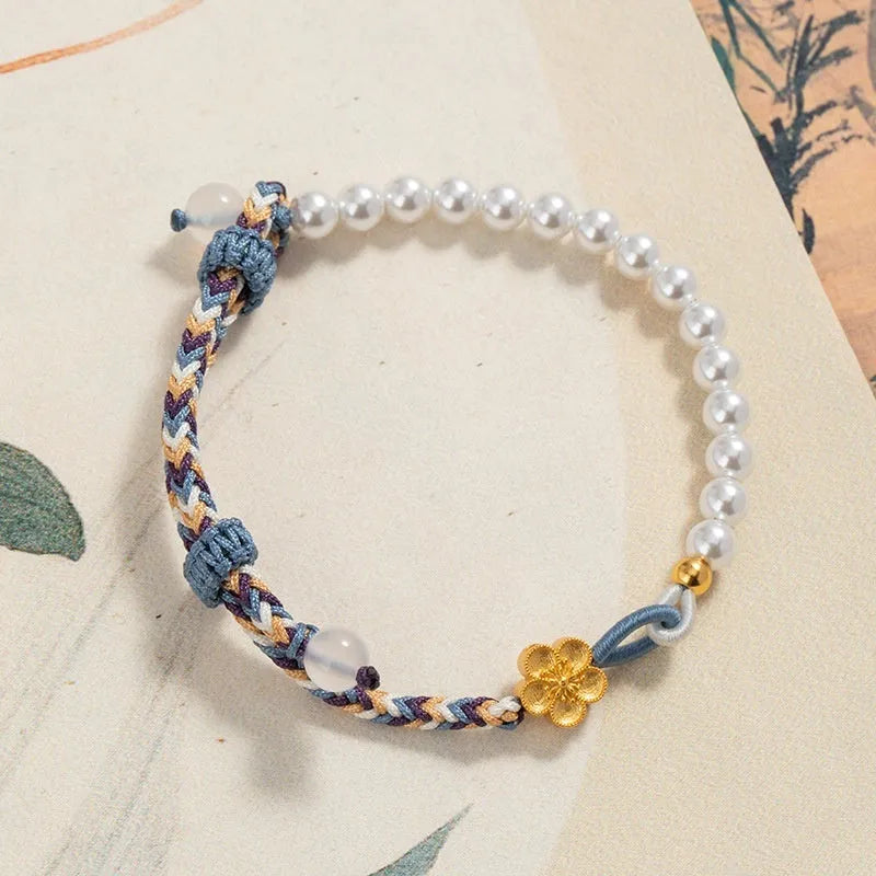 Sterling silver chalcedony carrying strap bracelet with Chinese flower weaving and peach colour