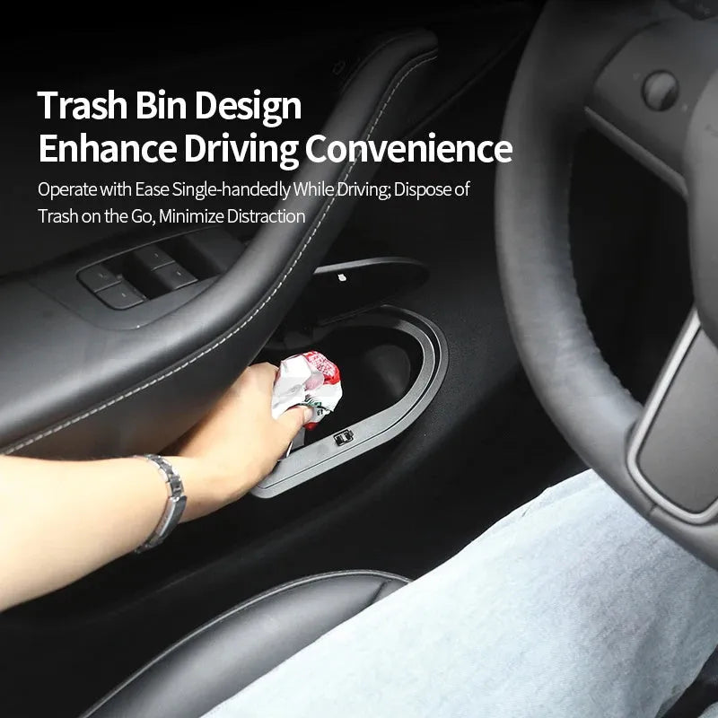 Two black waterproof ABS trash cans for Tesla Model Y front door pockets