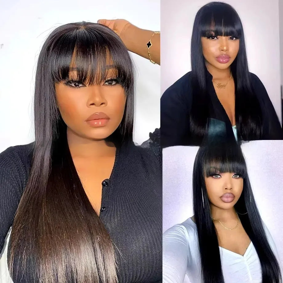 Natural colour human hair full-mechanism wig showing length options from 8 to 32 inches