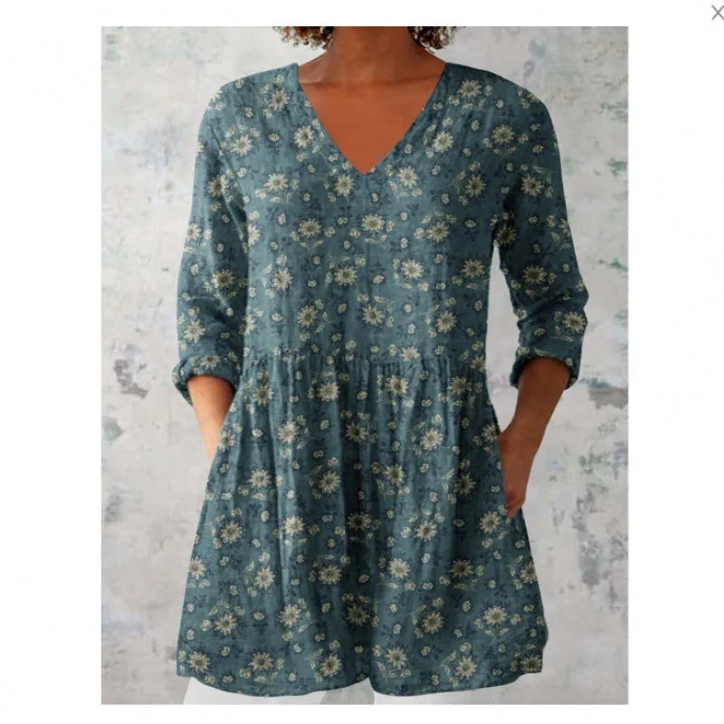 Women's wave pattern printed dress with 3/4 sleeves and loose fit