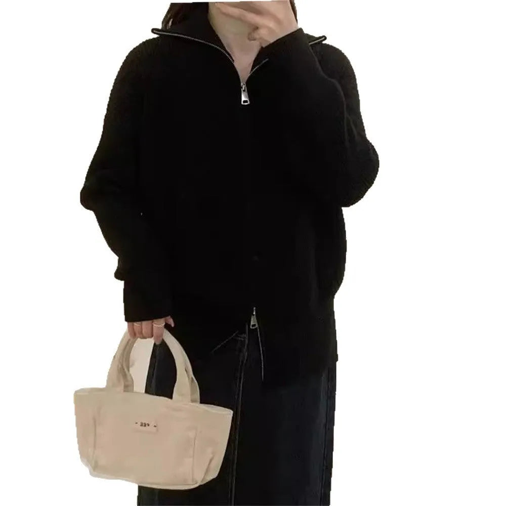 Hong Kong style double zipper knitted cardigan in loose fit free size with floral pattern