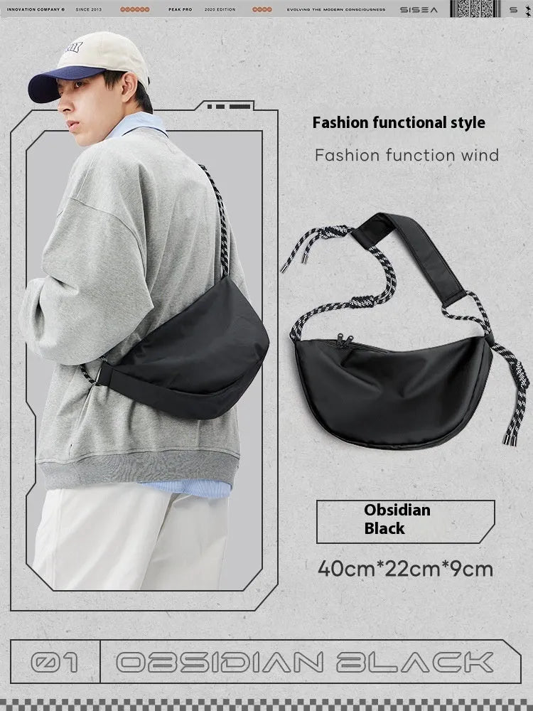 Men's nylon messenger backpack in black, grey, khaki, or army green, showing large capacity and shoulder strap.