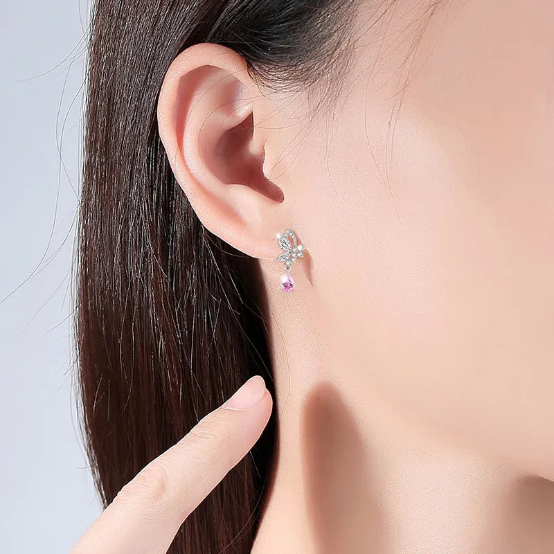 Crystal butterfly silver stud earrings for women made from 925 sterling silver