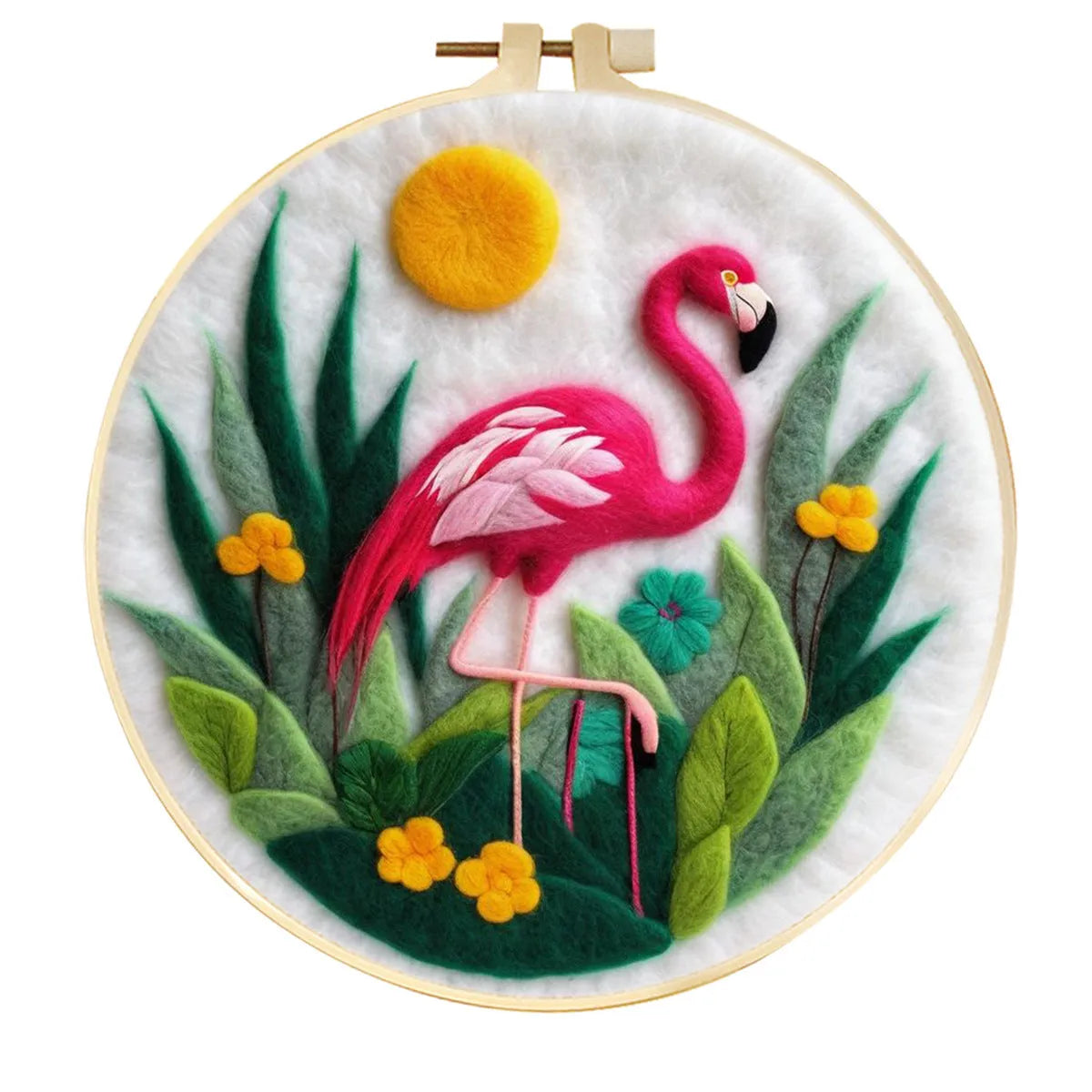 Round linen embroidery kit with wool felt pieces and a 20cm hoop for 3D blanket painting.