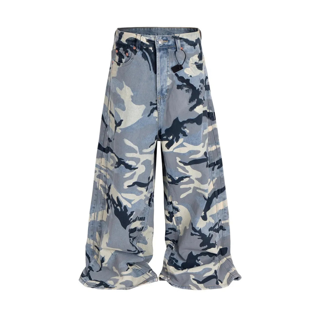 Man and woman modelling blue snow camouflage loose-fit stretch denim jeans.