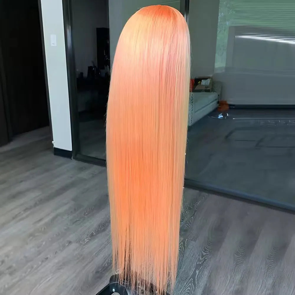 Light orange long straight front lace synthetic wig with side bangs, shown on a wig stand.