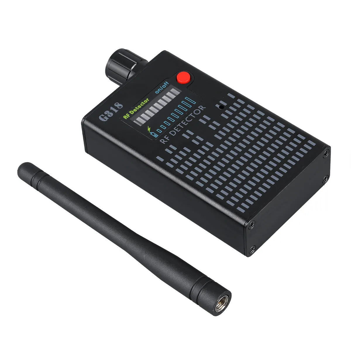 Black G318 aluminum alloy hidden camera detector with dimensions 102x52.5x21.5mm