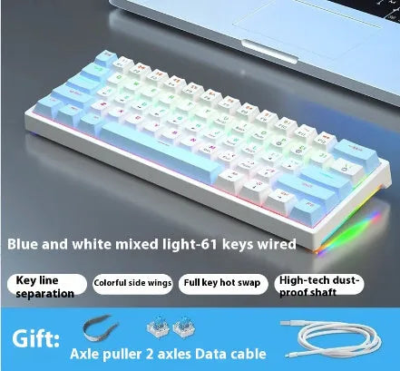 Blue and white 61-key compact mechanical keyboard with hot-swappable switches on black background