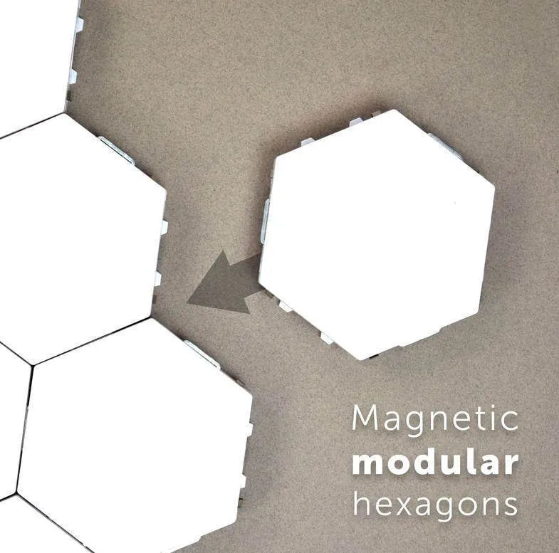 Assembled honeycomb pattern wall lamp with hexagonal white ABS shades and touch control.