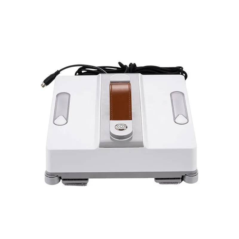 White electric window cleaning robot with four water spray jets for automated high-rise window washing