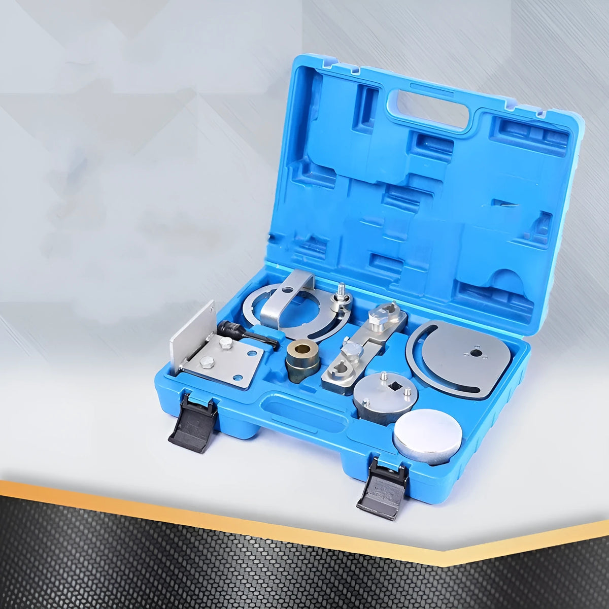 Volvo 8-piece carbon steel engine timing tool set for Land Rover and Volvo T6 engine repair.