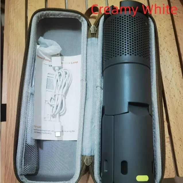 Portable battery LED camping light in off white or dark grey colour with button switch