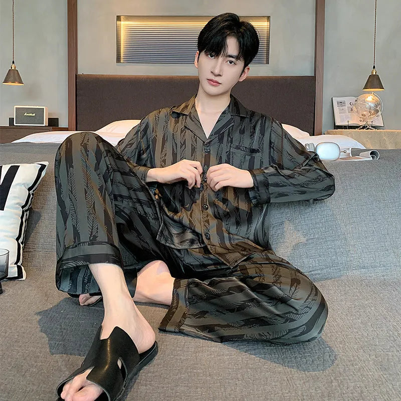 Men's black stripes ice silk pajama set showing V-neck long sleeve top and thin trousers for summer wear