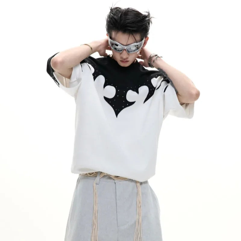 Men's grey cotton shirt with 3D burnt flower stitching and rhinestone details on the front.