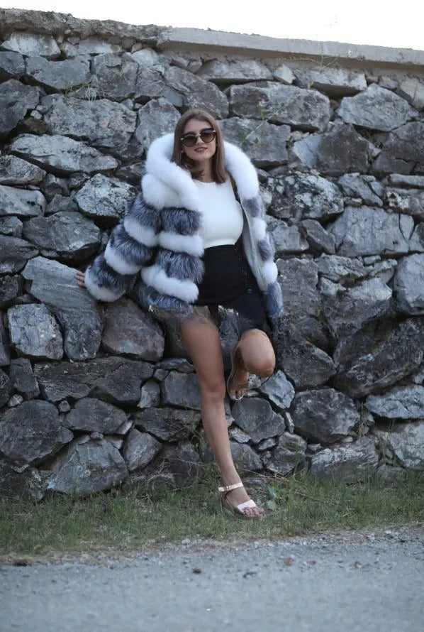 Women's loose fit artificial fur hooded coat in street fashion style