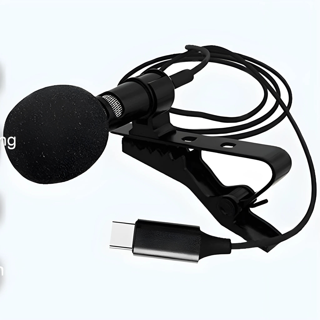 Black USB-C lavalier microphone with digital DAC chip, metal clip, sponge cover, and storage bags.