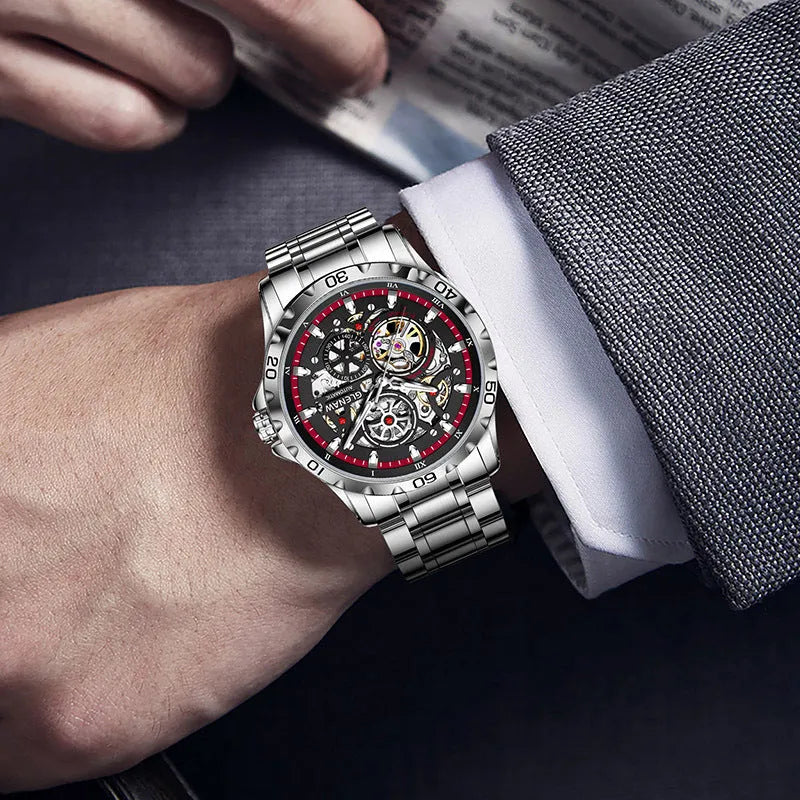 Men's silver skeleton automatic watch with luminous hands and stainless steel strap