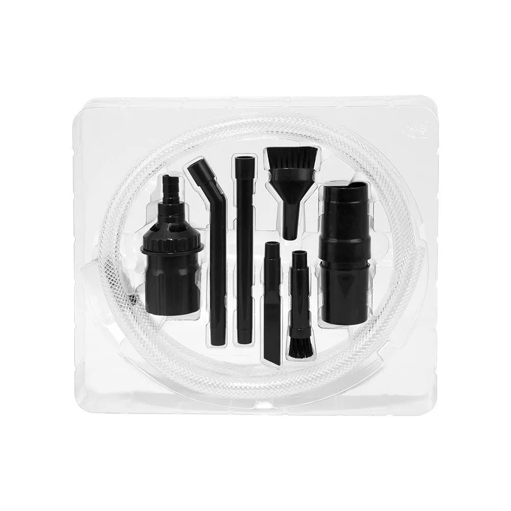 Eight-piece vacuum cleaner accessory set with small suction heads for auxiliary dust collection