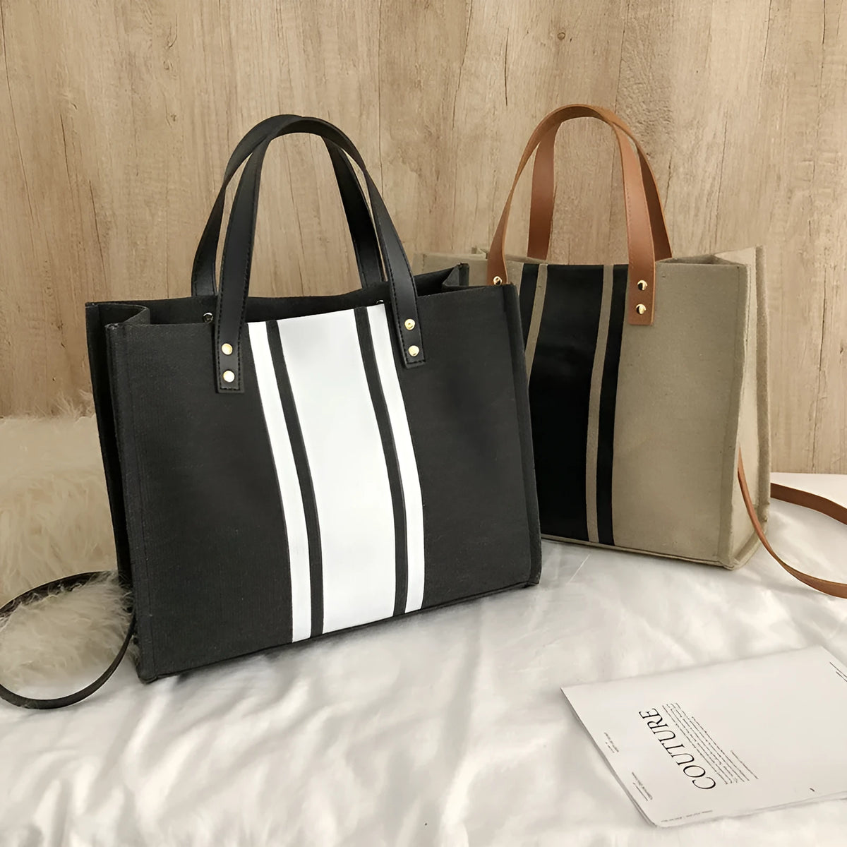 Canvas tote bag women's horizontal square zip top handbag 33cm wide with geometric stripe pattern