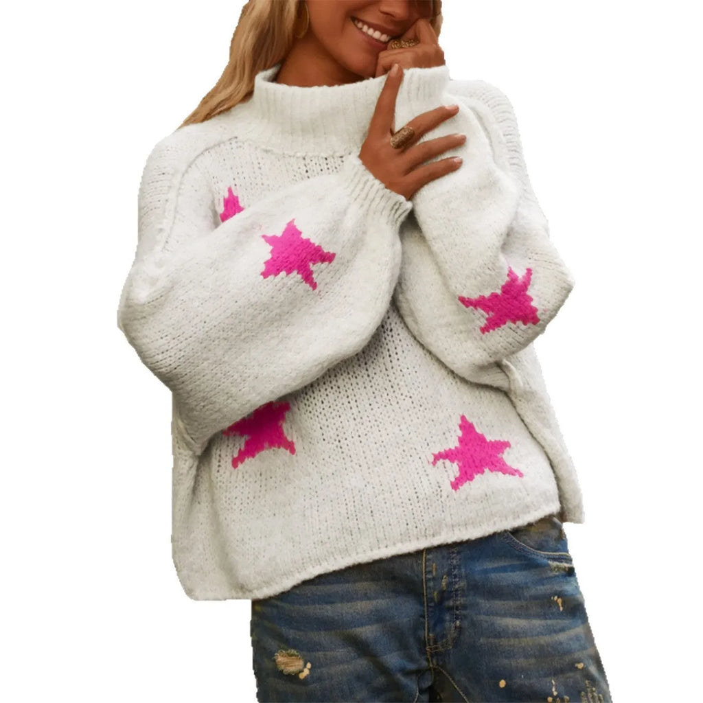 Women's white thick turtleneck pullover sweater with star pattern and loose street fashion styling