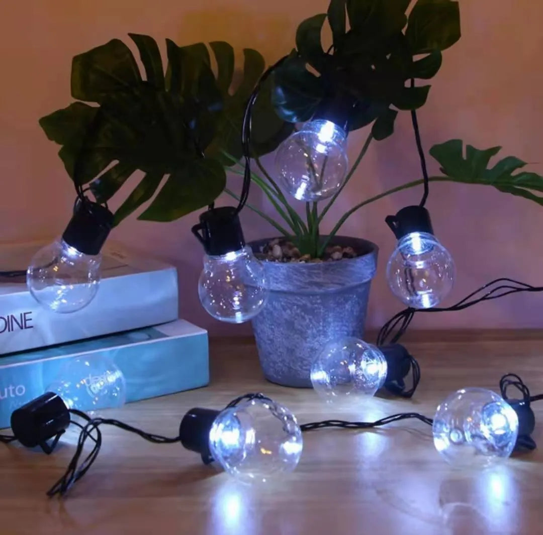 10 metre black solar string lights with 40 transparent plastic bulbs for outdoor festival decoration