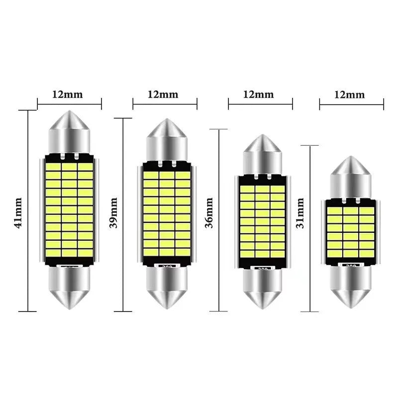 White aluminium car interior LED light with double tip design, shown with four size options.