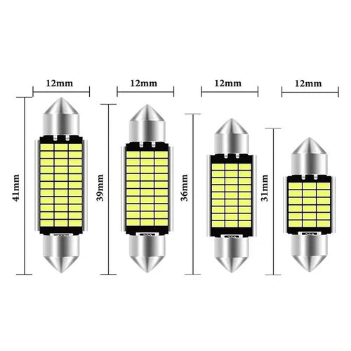 White aluminium car interior LED light with double tip design, shown with four size options.