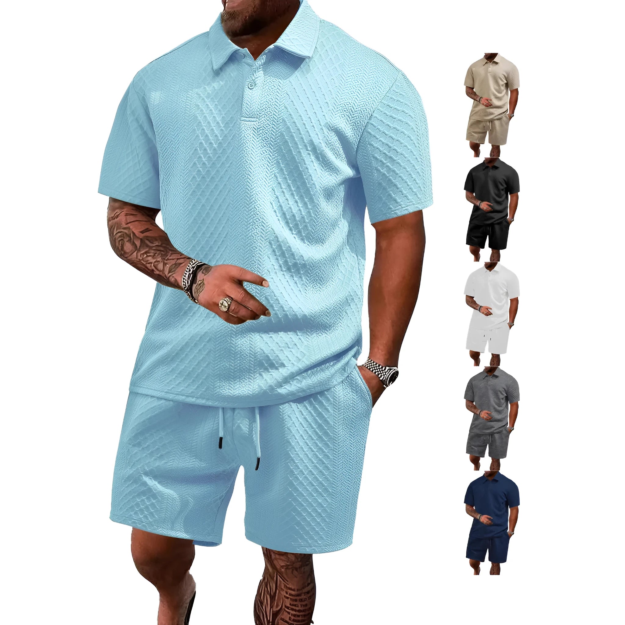 Man wearing a light grey short sleeve polo shirt and matching trousers from the pattern cloth casual suit set.