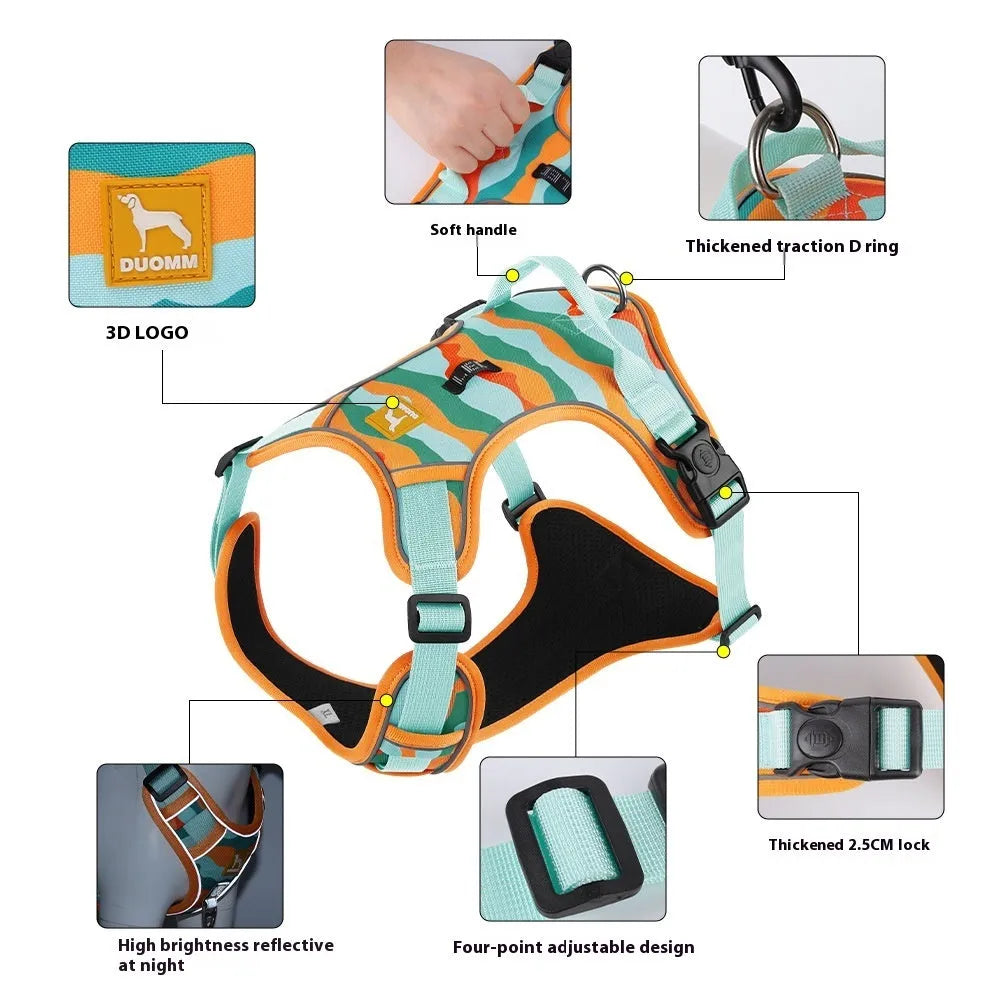 Reflective dog harness with hand holding rope in orange Oxford fabric