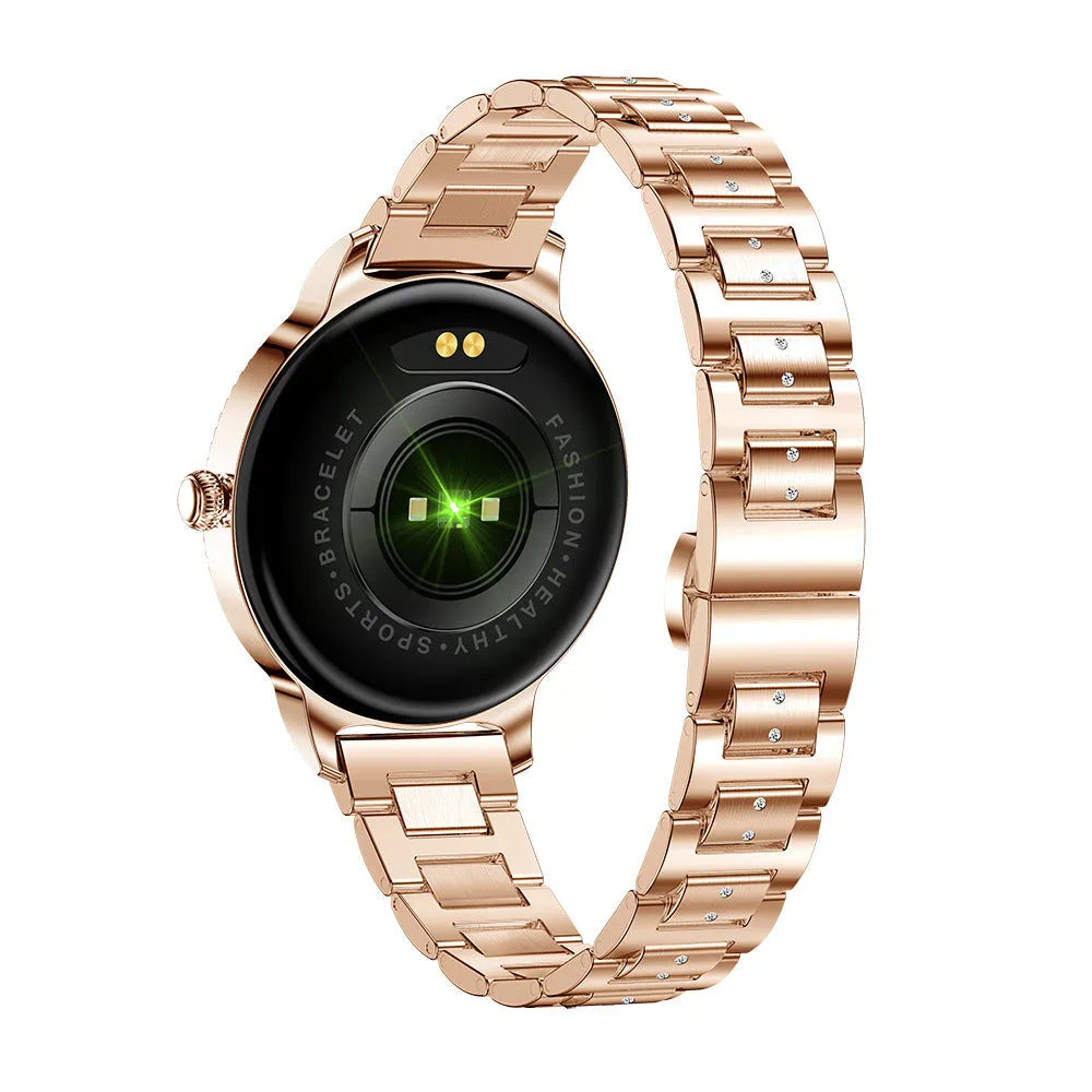 AK38 ladies smart watch with stainless steel Milanese band on a wrist, showing the 1.09-inch colour screen.