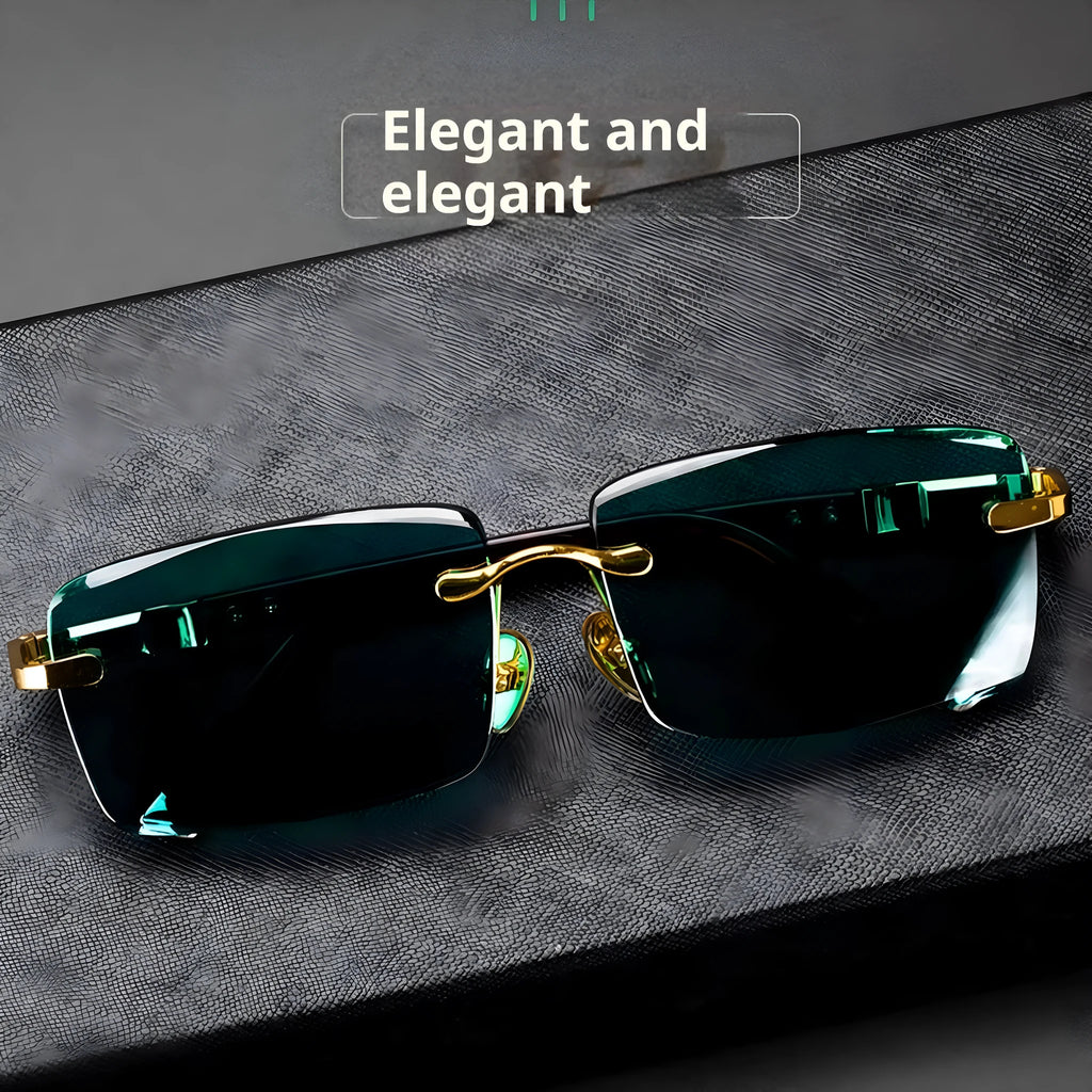 Dark green crystal frameless sunglasses with protective case and cleaning cloth