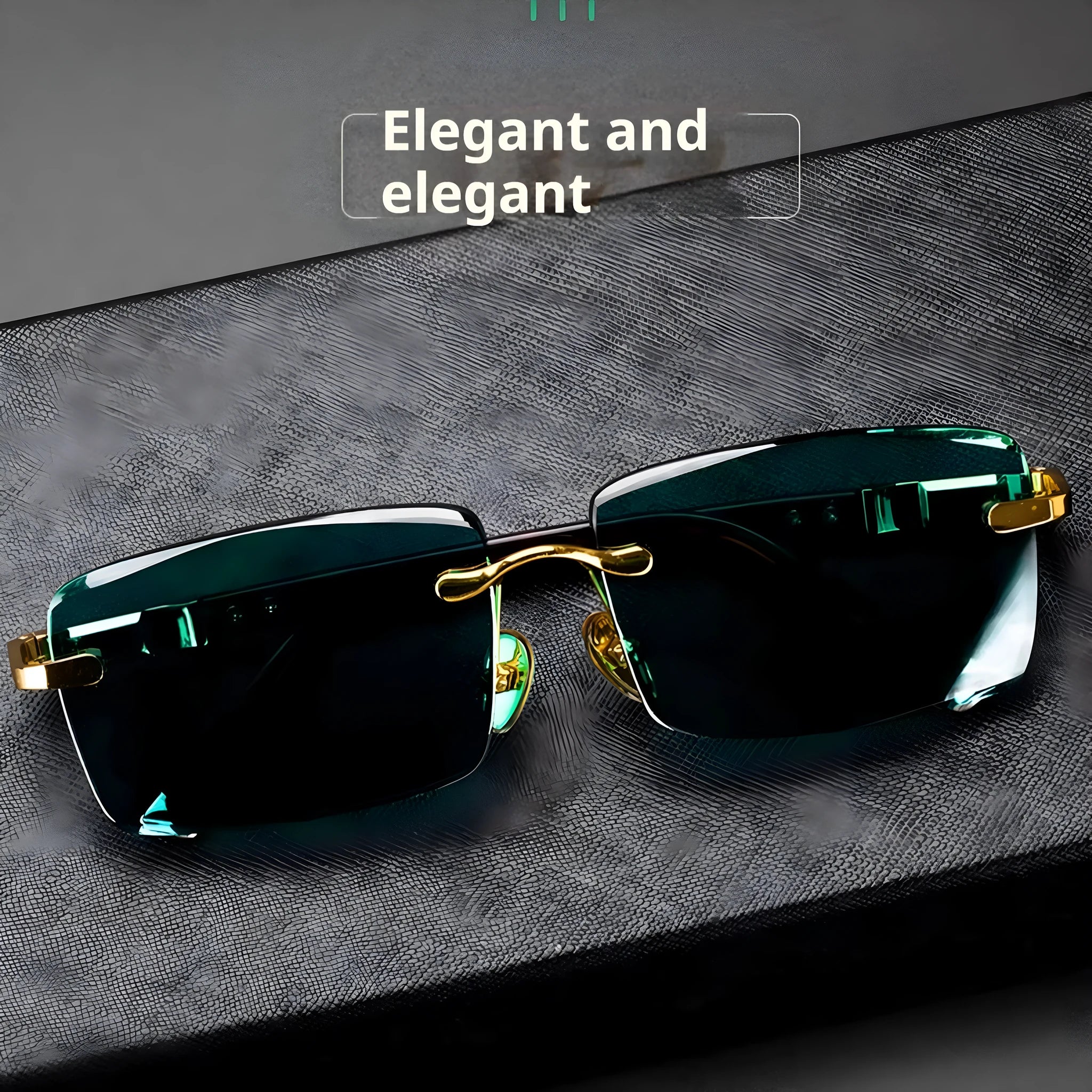 Dark green crystal frameless sunglasses with protective case and cleaning cloth