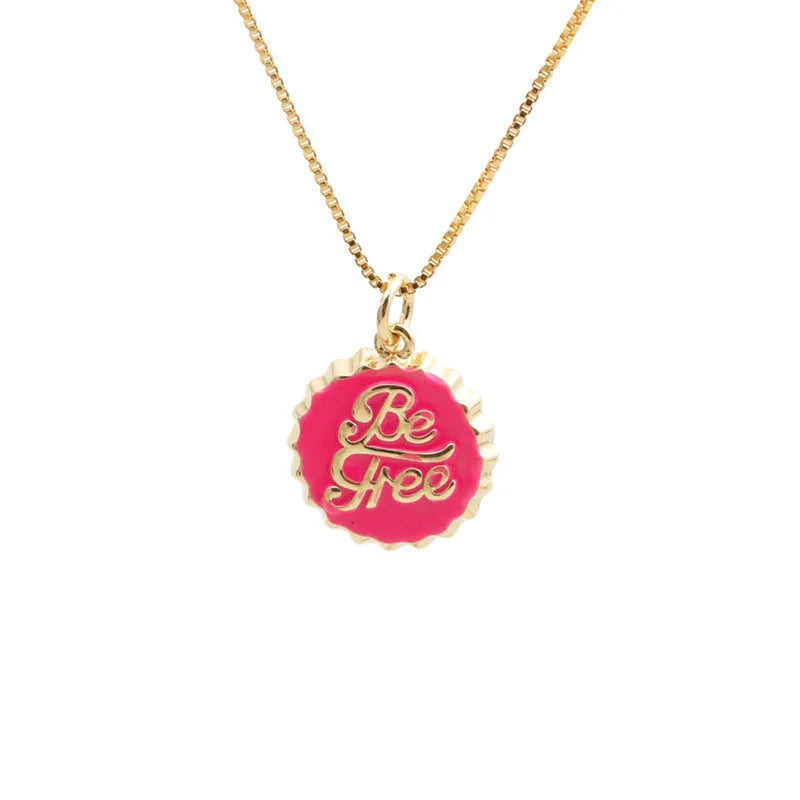 Copper bottle cap pendant necklace with gold electroplating on a 40cm box chain.