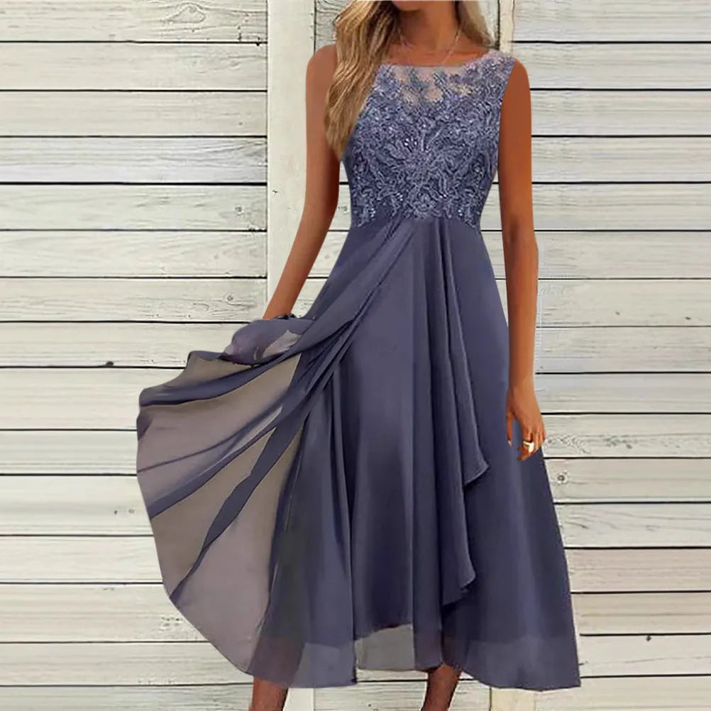 Women's sleeveless chiffon dress with lace hollow-out detail in princess style, shown in green colour