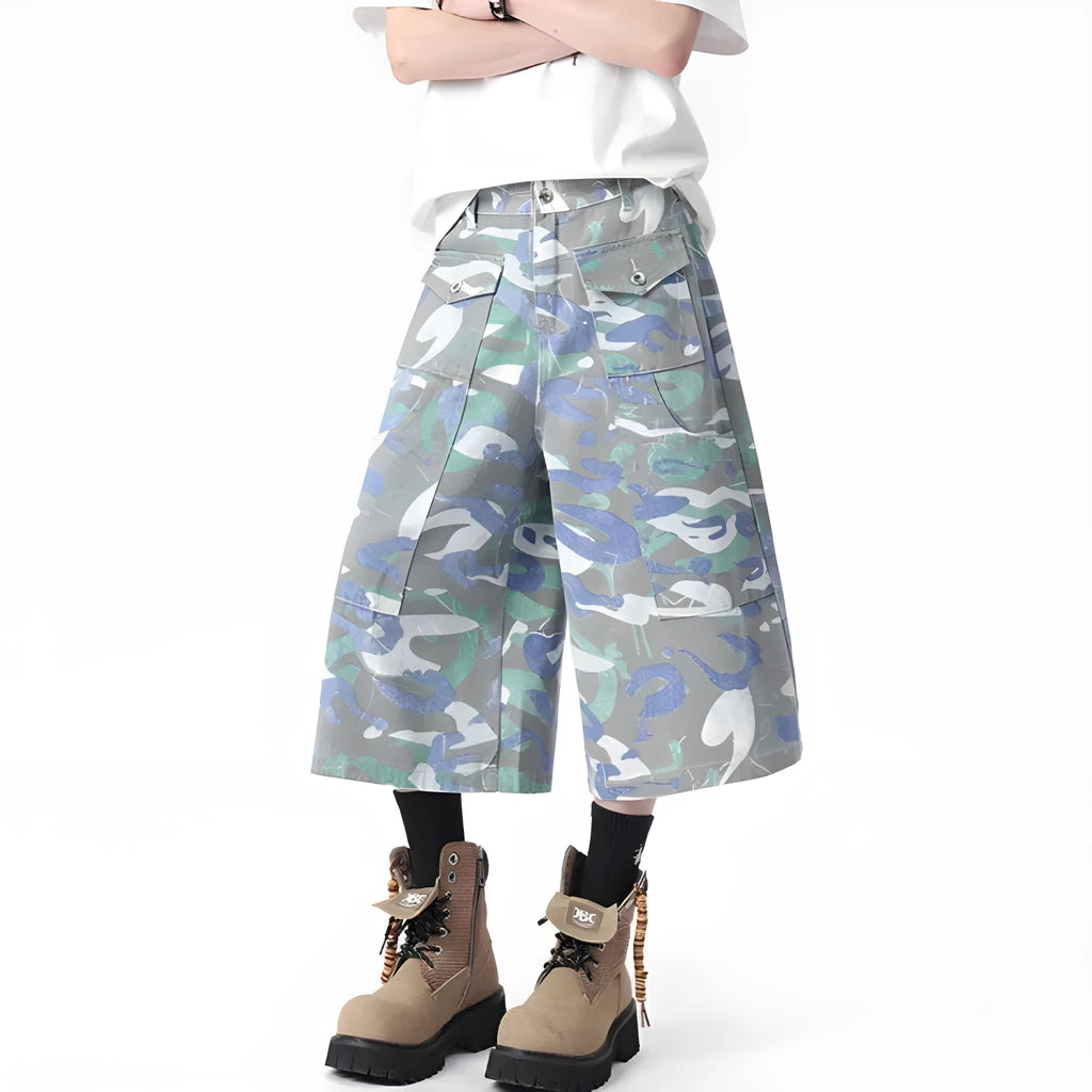 Cotton denim camouflage trousers with straight leg cut and large front pockets