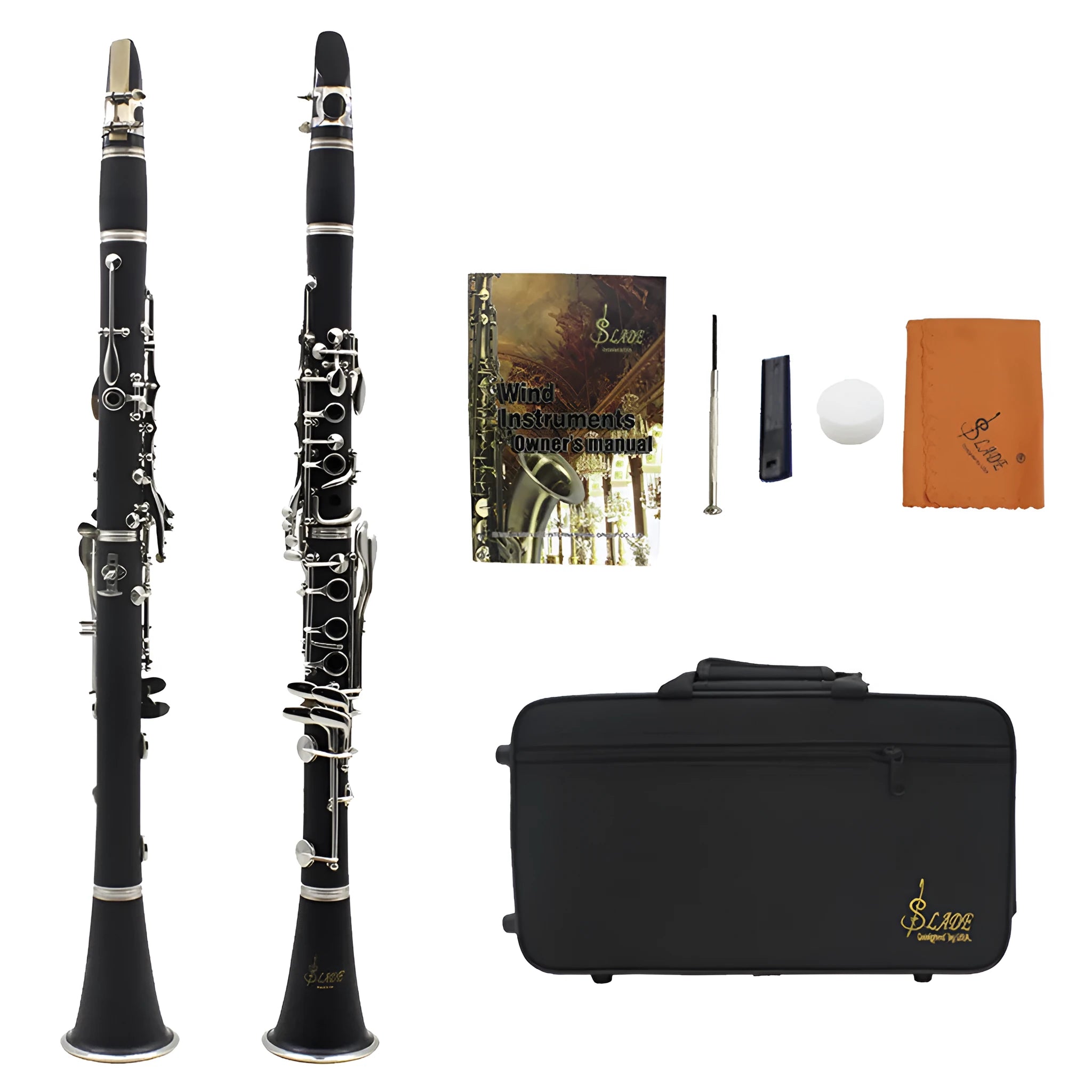 Black Bakelite clarinet with 17 nickel-plated keys and carrying bag