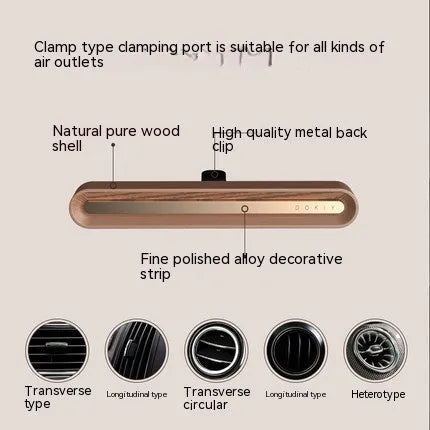 Long strip solid car aromatherapy ornament in vent, shown in walnut and metallic grey colours.